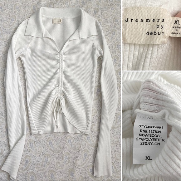 Dreamers by Debut (juniors) ribbed long sleeve scrunch top, white - Picture 2 of 7